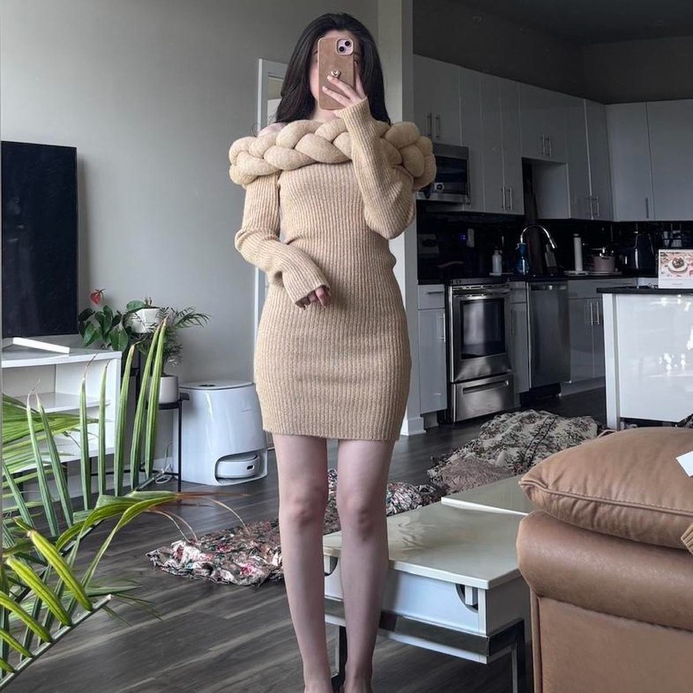 Beige Knit Sweater Dress